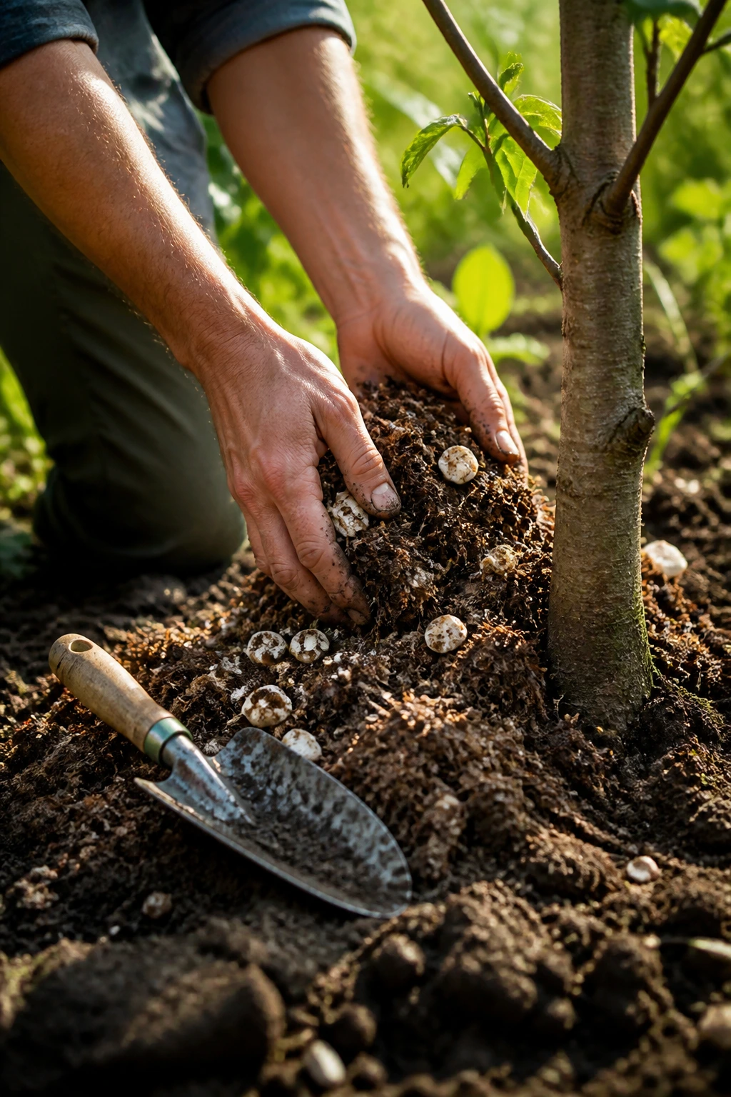 Is Mushroom Compost Good For Fruit Trees Or Not? 3 Hands mixing mushroom compost into soil around a fruit tree