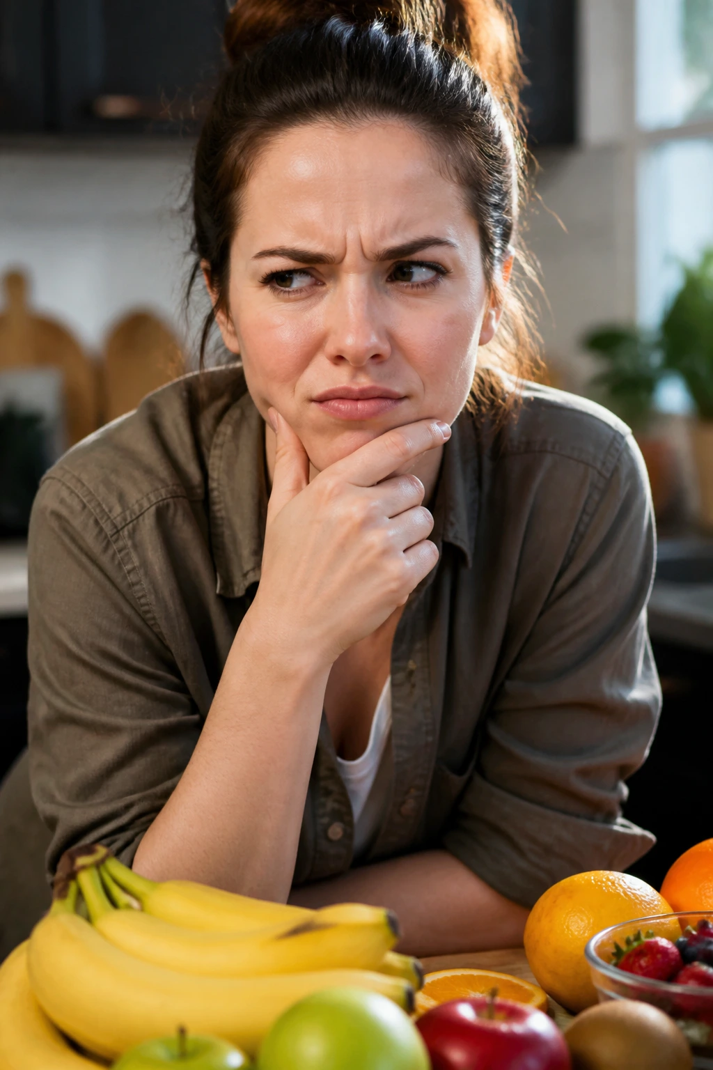 Fruit For Breakfast: Is It Good To Eat Fruit In The Morning? 6 Skeptical person in kitchen evaluating fruit myths about morning consumption.