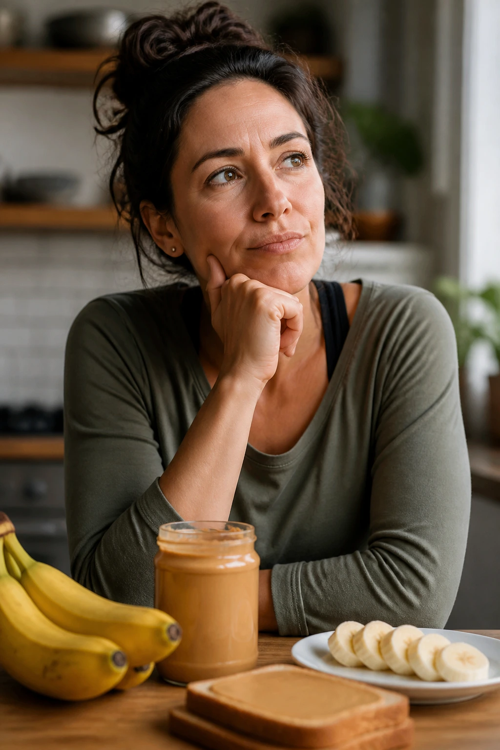 Is Banana and Peanut Butter Healthy? 4 Portrait of a real person in a kitchen with a thoughtful expression