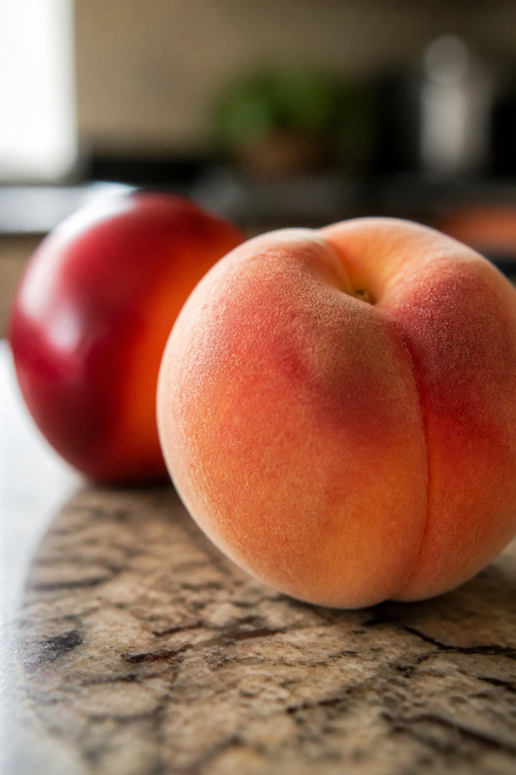 Is A Nectarine A Peach? What's Really The Difference? 12 Fuzzy peach foreground with smooth nectarine background illustrating the fuzz myth