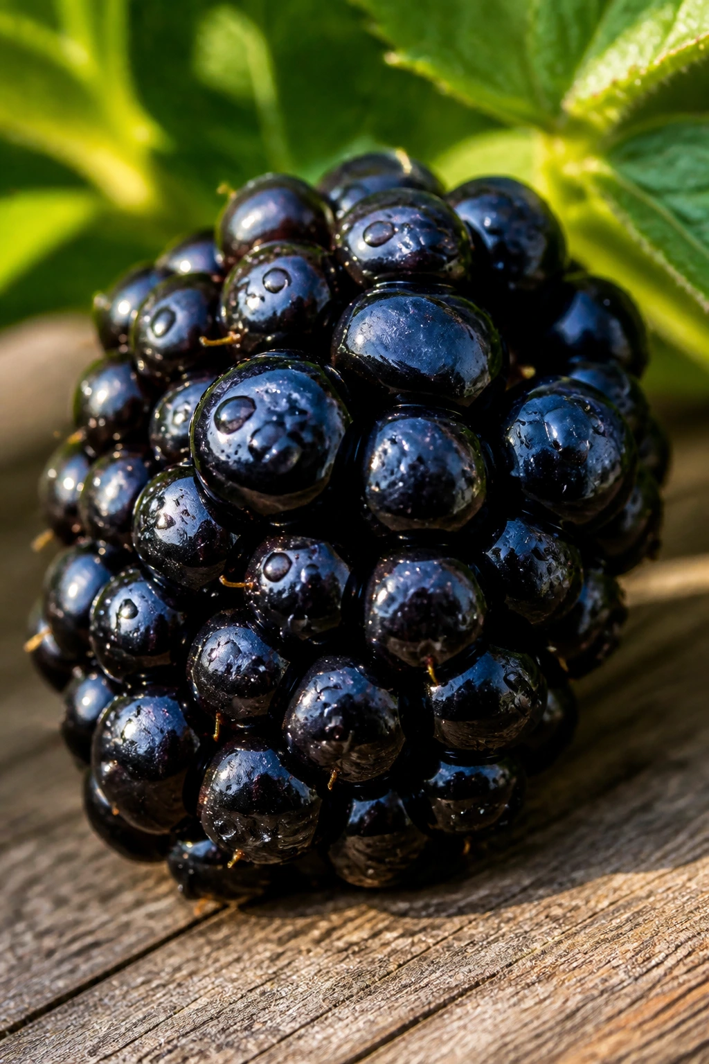 Close-up of a Natchez blackberry with dew on a rustic surface