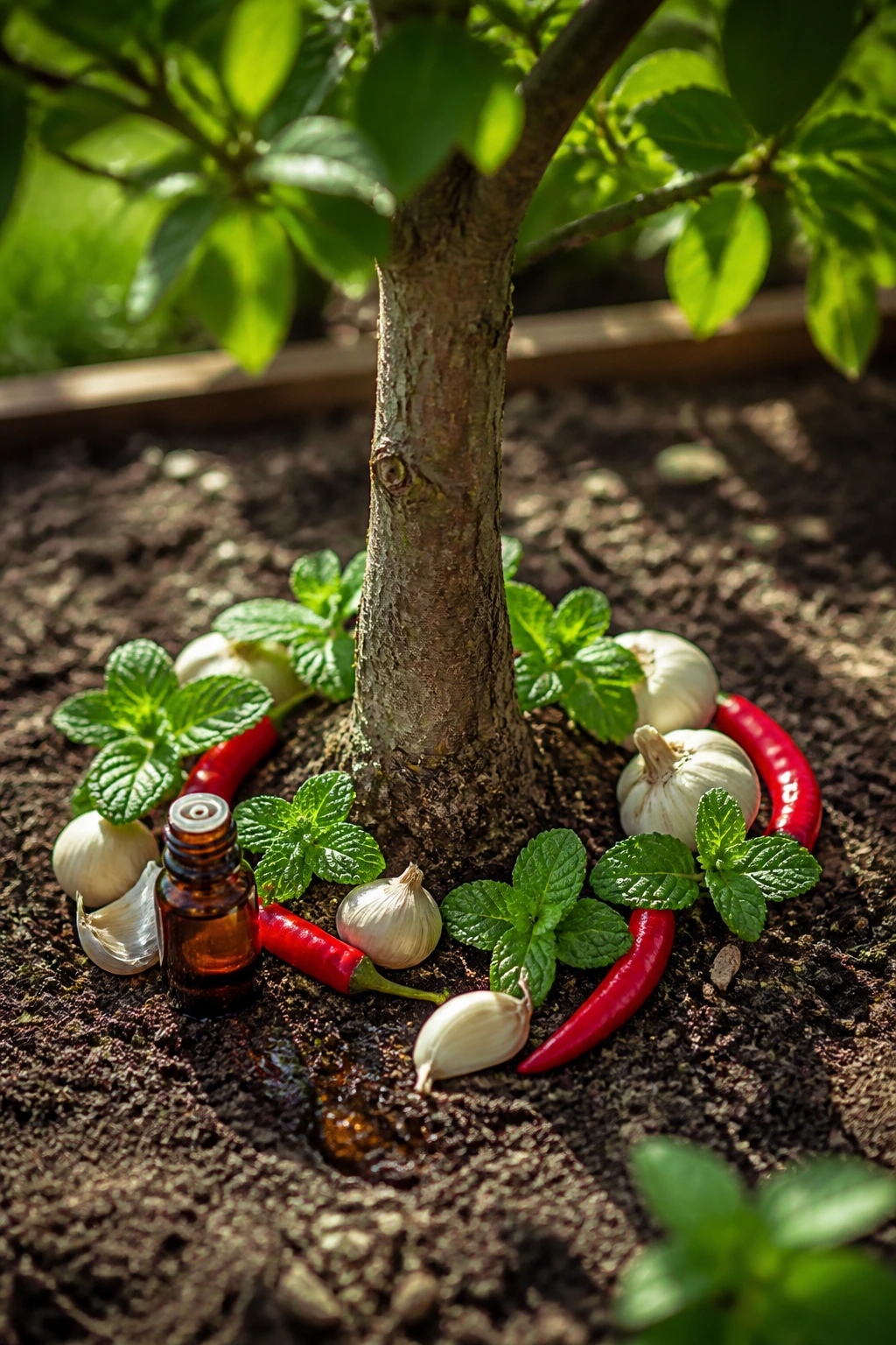Close-up of tree base with peppermint oil, garlic, and peppers in a sunlit garden