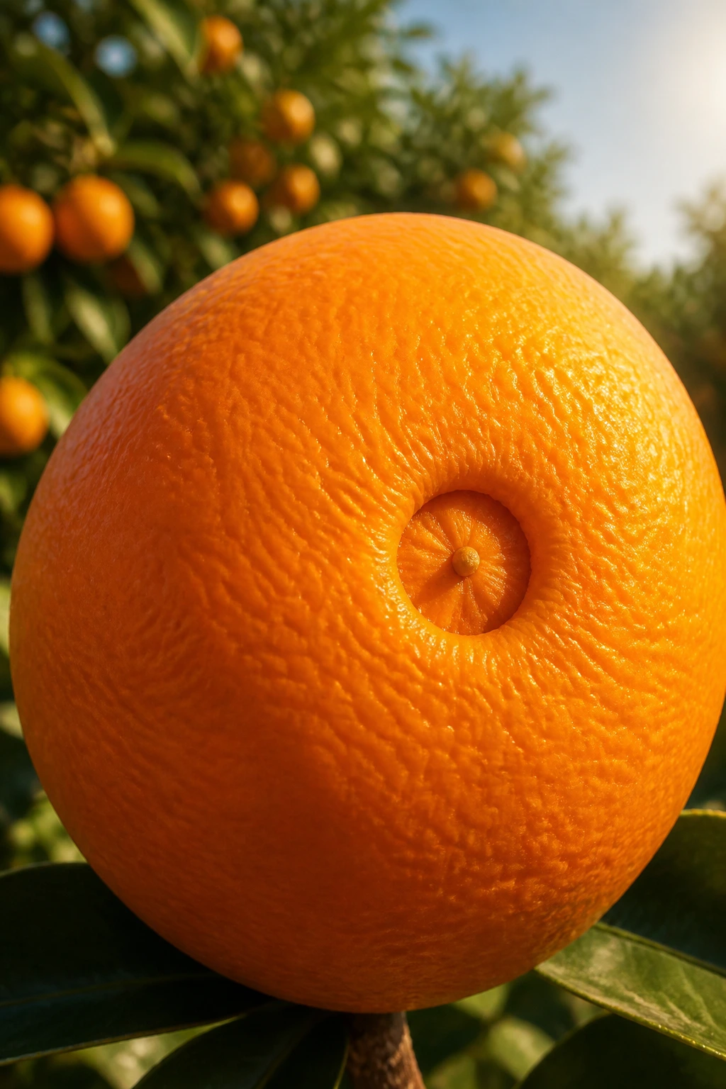 Close-up of Navel Orange showing belly-button scar with orchard background