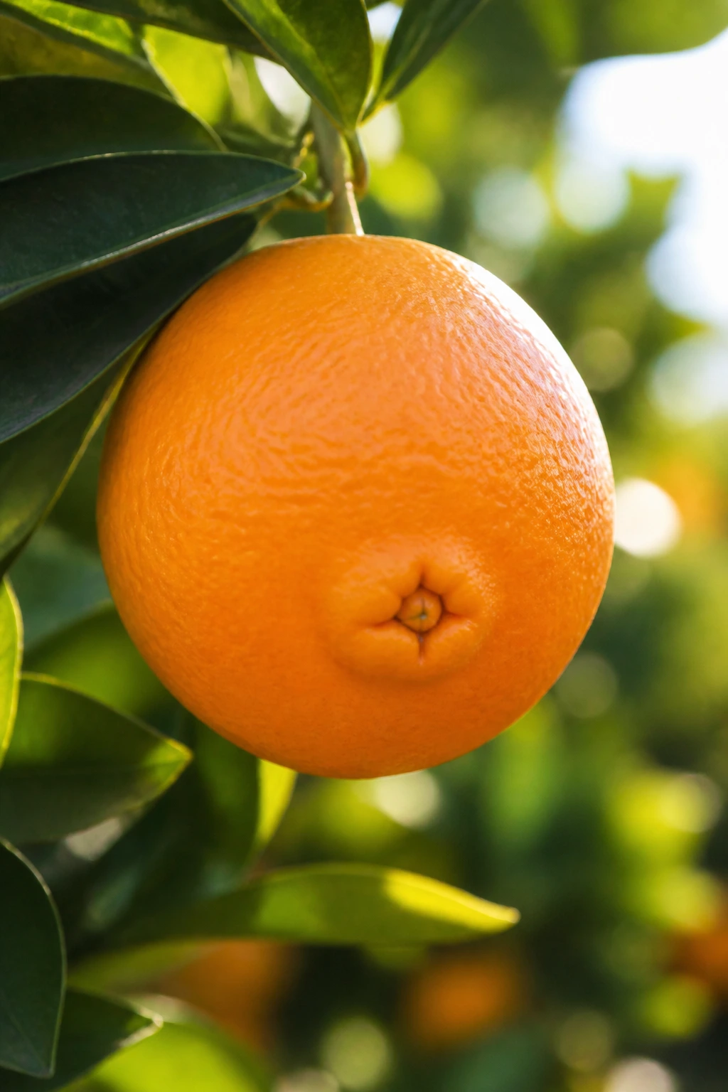 Navel Orange on tree branch with leaves in sunlit orchard
