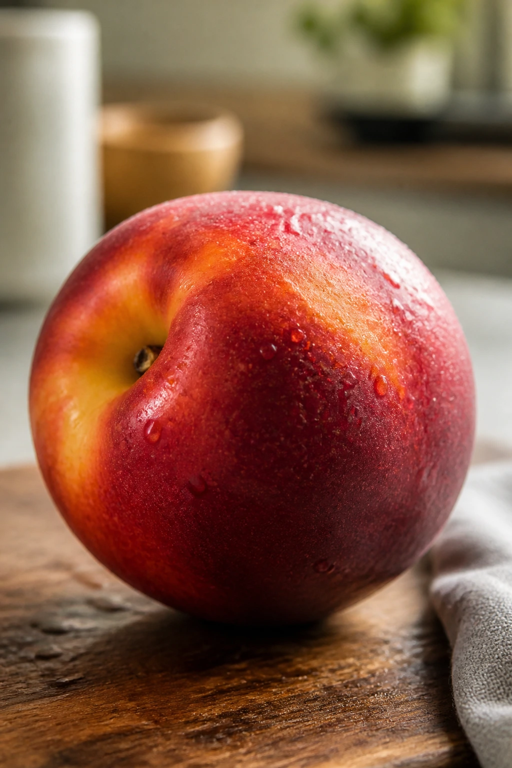 Nectarine with water droplets on skin