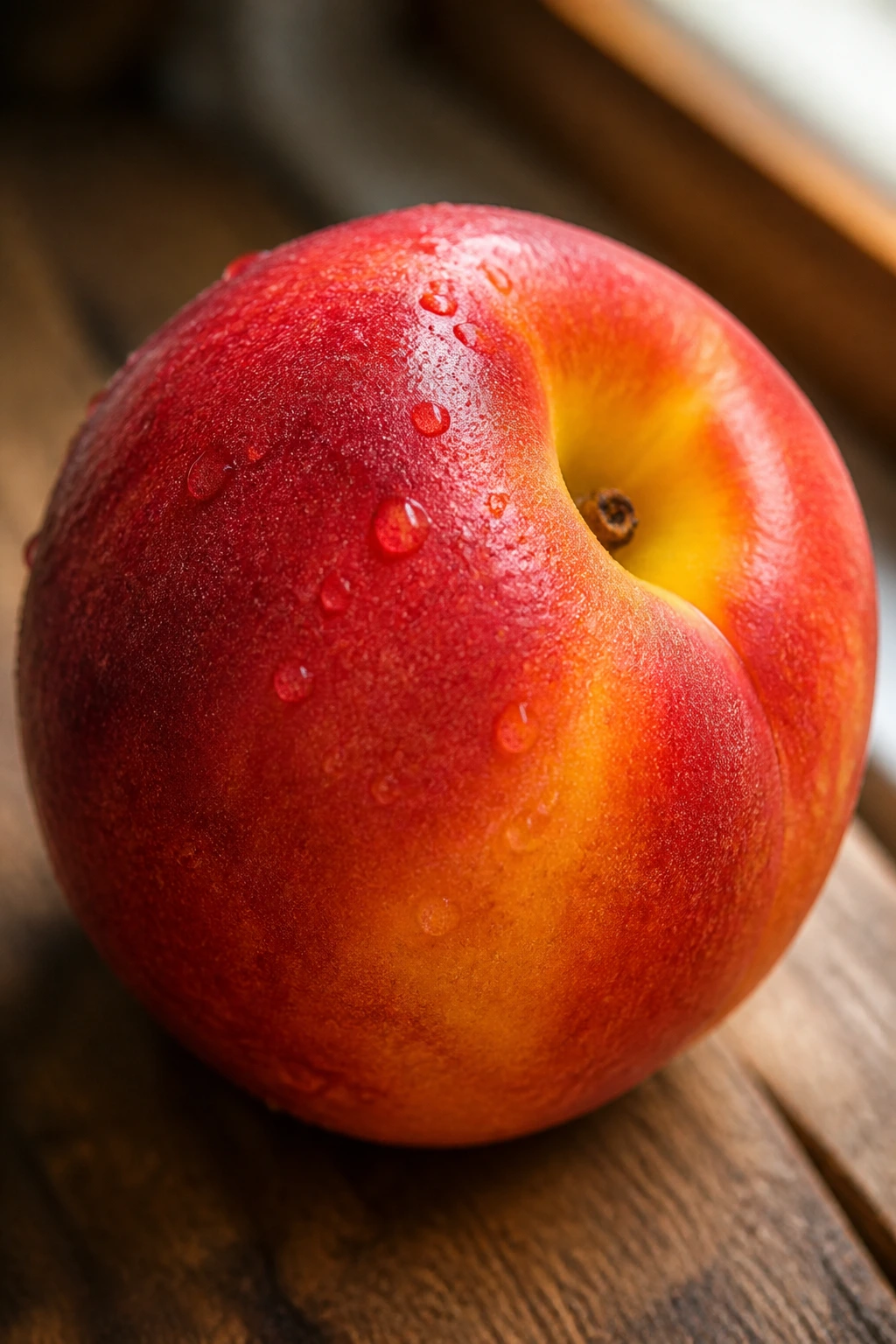 How To Eat A Nectarine Properly | The Right Way 3 Close-up of a ripe nectarine on a wooden counter with natural light