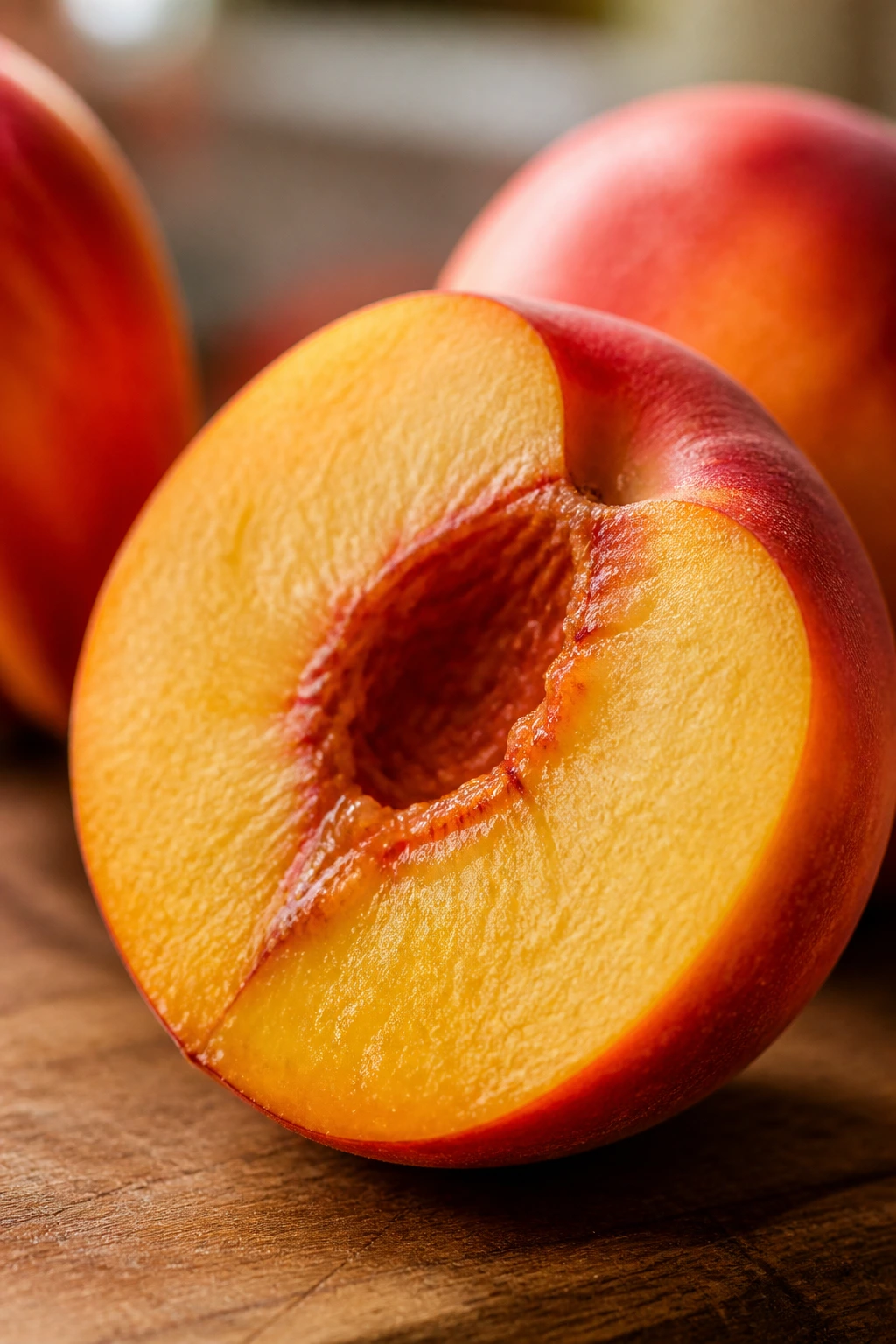 Can Hamsters Eat Nectarines? Find Out Now! 1 Close-up of a ripe nectarine half on a wooden board, showing orange flesh and glossy skin