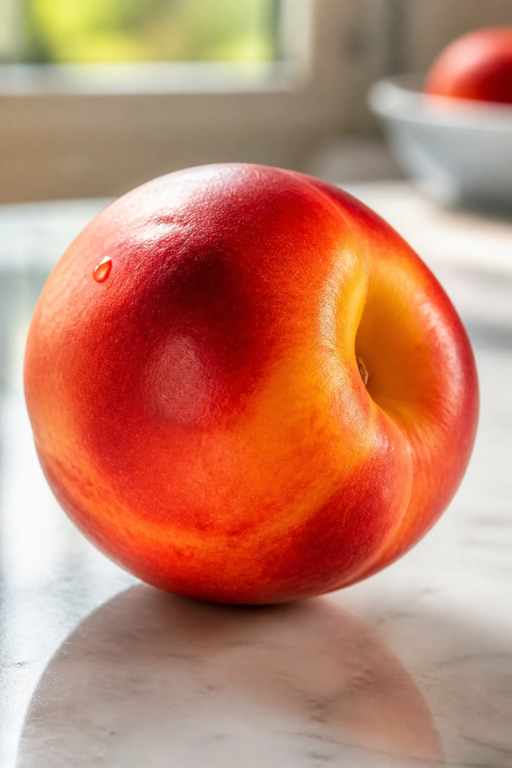 Close-up of a ripe nectarine with glossy skin in warm kitchen light