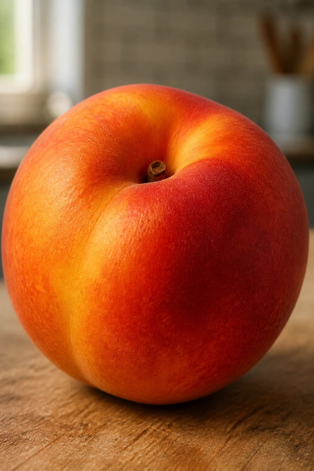 Is Nectarine Acidic Or Alkaline? Is It Good For Acid Reflux? 1 Close-up of a ripe nectarine filling the frame on a wooden kitchen counter