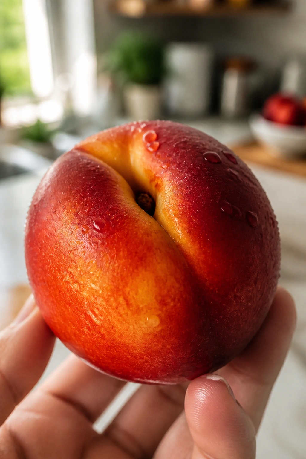 Close-up of a ripe nectarine held in a home kitchen