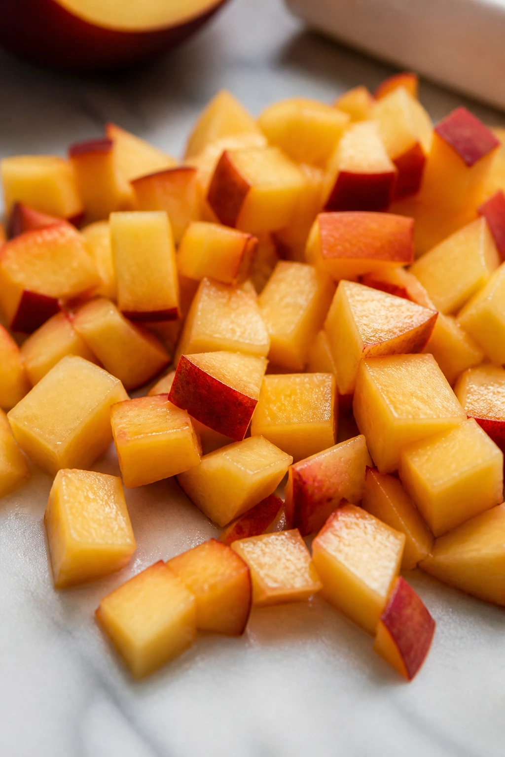 Tiny diced nectarine pieces on a clean surface