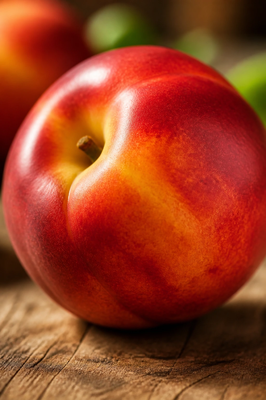 Single nectarine on a wooden surface with bright natural light