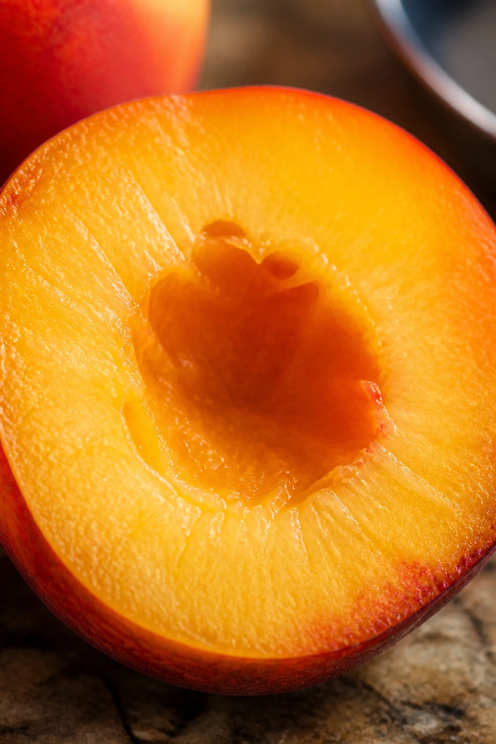 Halved nectarine with pit removed on wooden surface