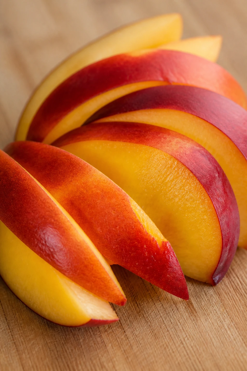 Sliced nectarines arranged on wooden board