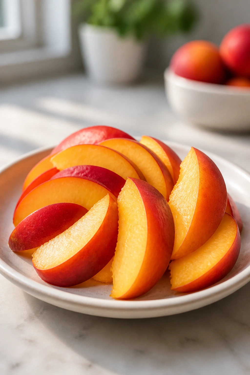 Portion-controlled nectarine slices on a small plate in a bright kitchen
