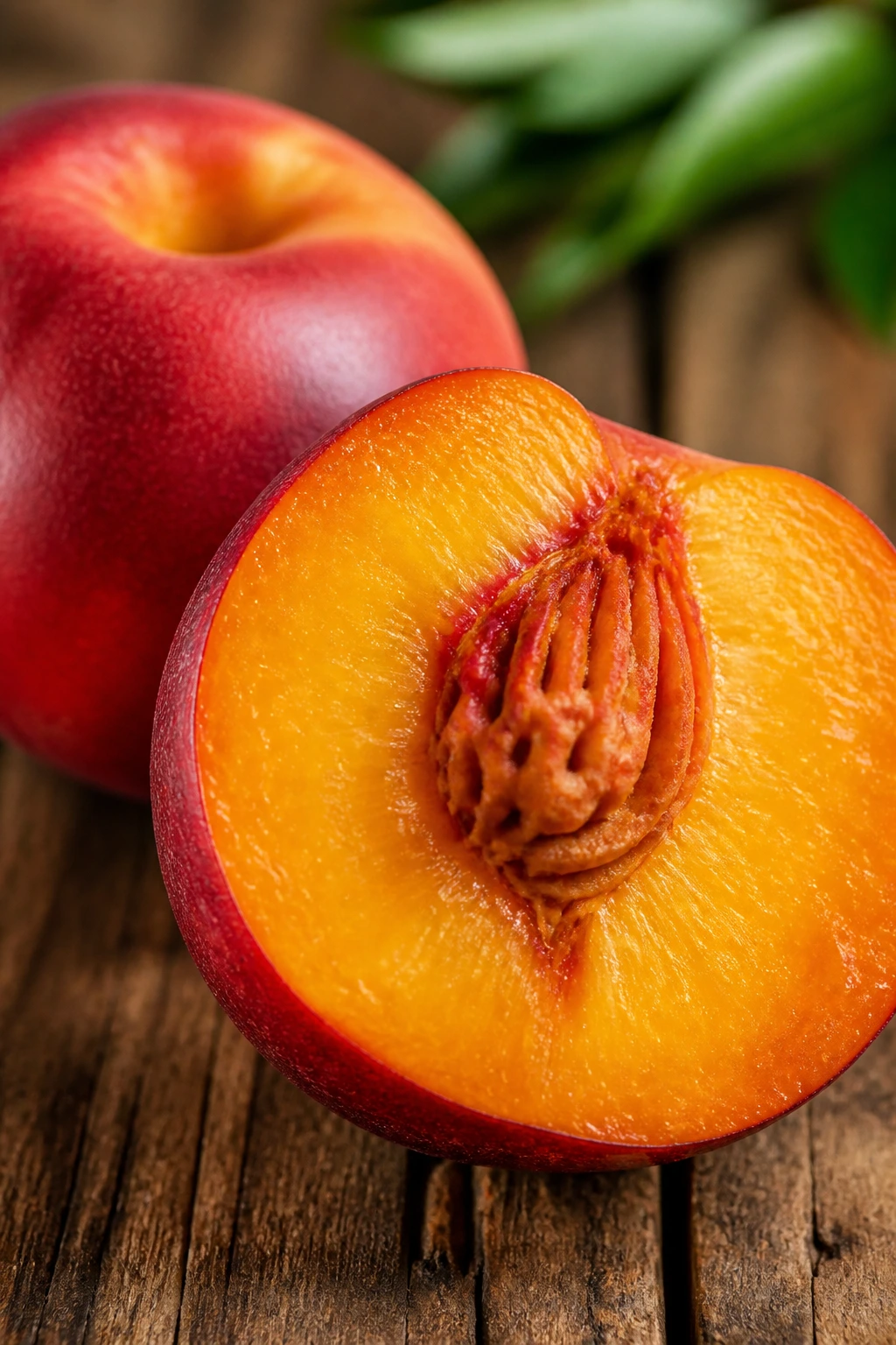 Close-up of a ripe nectarine half with juicy flesh on wooden surface