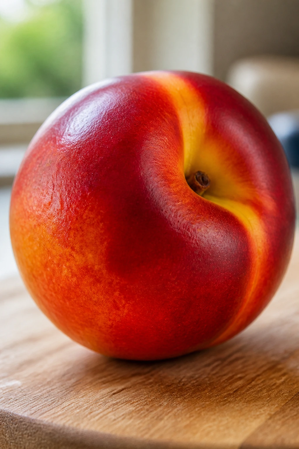 Is A Nectarine A Peach? What's Really The Difference? 1 Close-up of a shiny nectarine with smooth skin on a kitchen counter