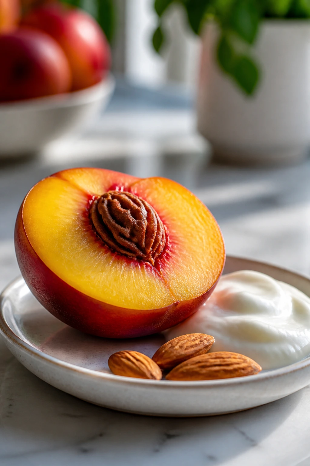 Nectarine with yogurt and almonds on a plate, showing a diabetes-friendly snack