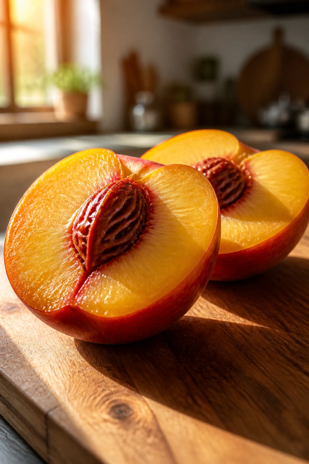 When Are Nectarines In Season? All You Need To Know 2 Juicy nectarine halves on a wooden board under warm sunlight