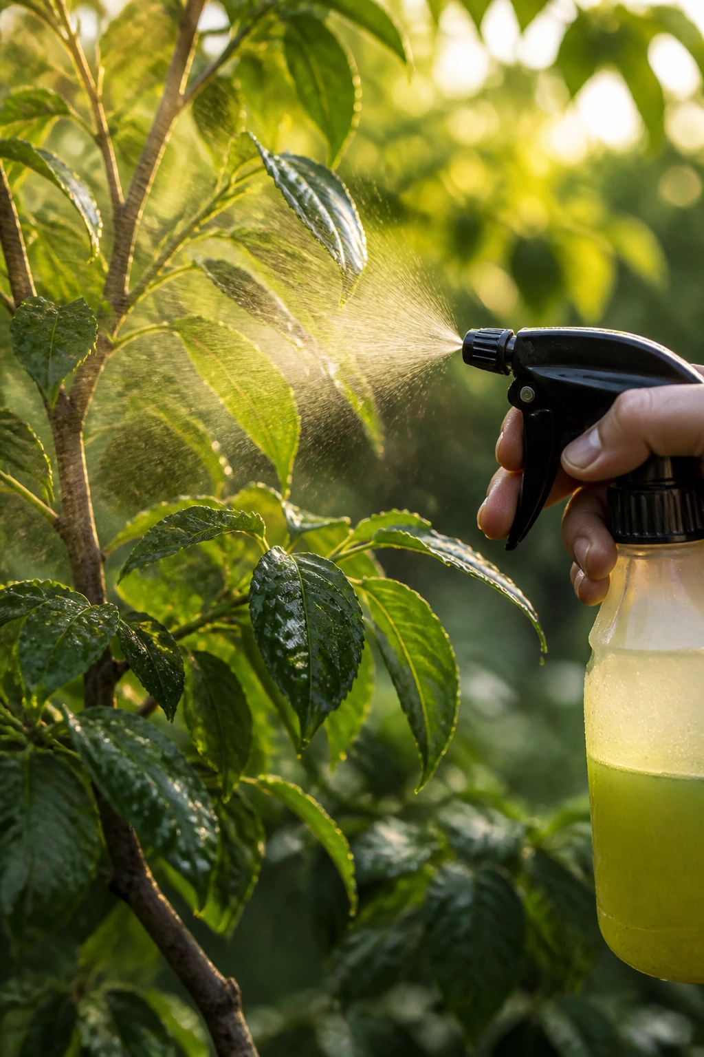 Leaves on a fruit tree with neem oil mist