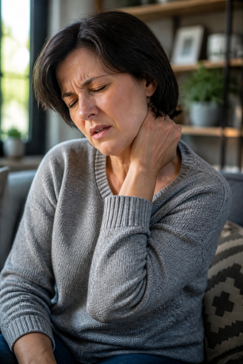 10 Amazing Fruits That Are Good for Nerve Pain 1 Close-up of a person showing nerve pain by touching the neck in a cozy living room