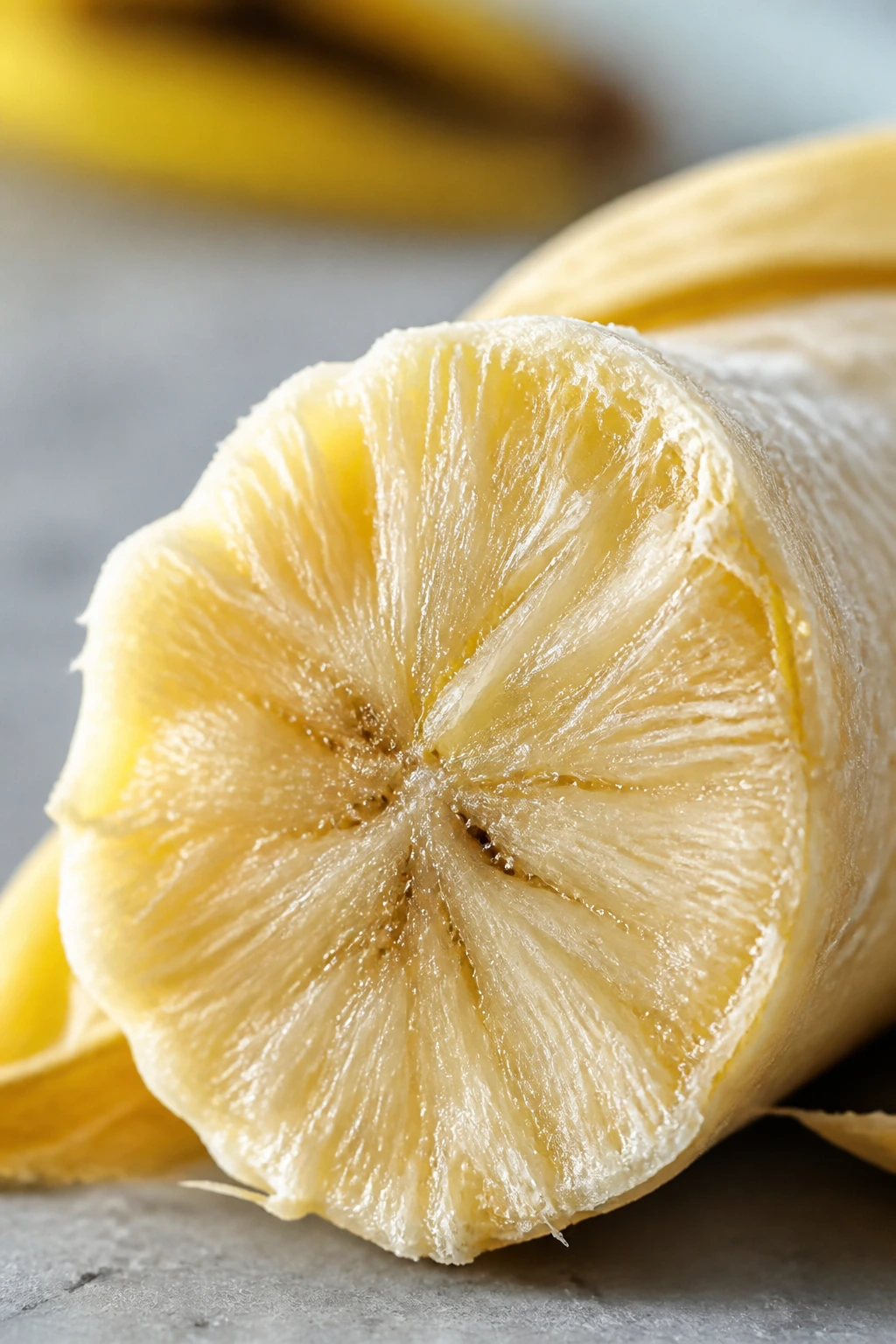 Banana cross-section showing fibrous interior in a kitchen setting