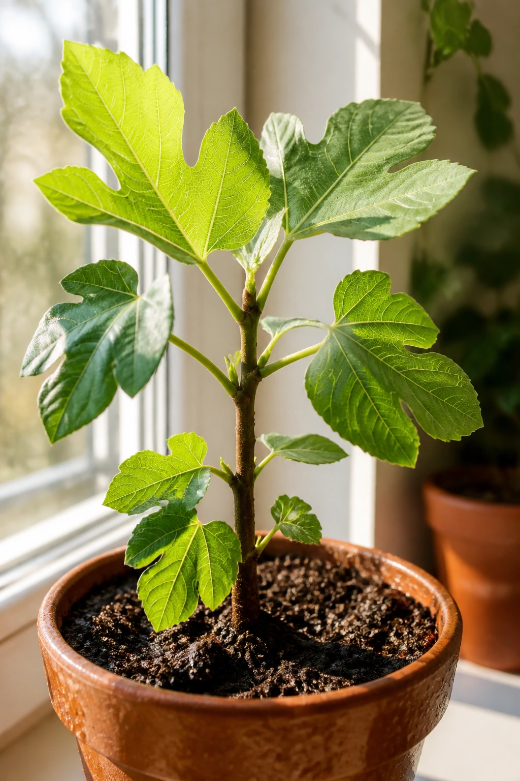 Young fig tree sapling in pot on sunlit windowsill