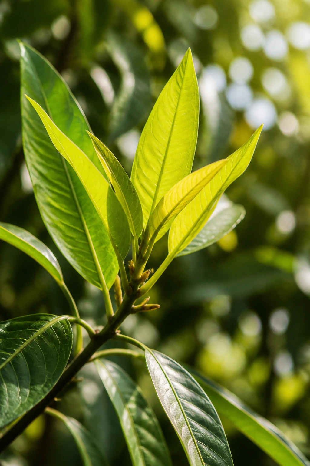 New bright green mango leaves sprouting on a branch