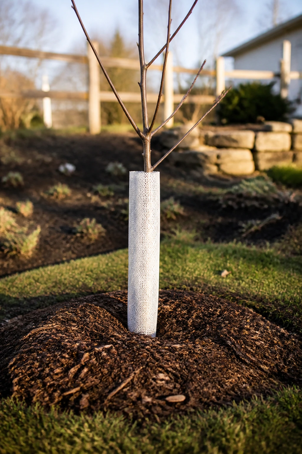 Can You Plant Fruit Trees In The Fall? 5 Young fruit tree sapling with trunk wrap and mulch around base in a garden