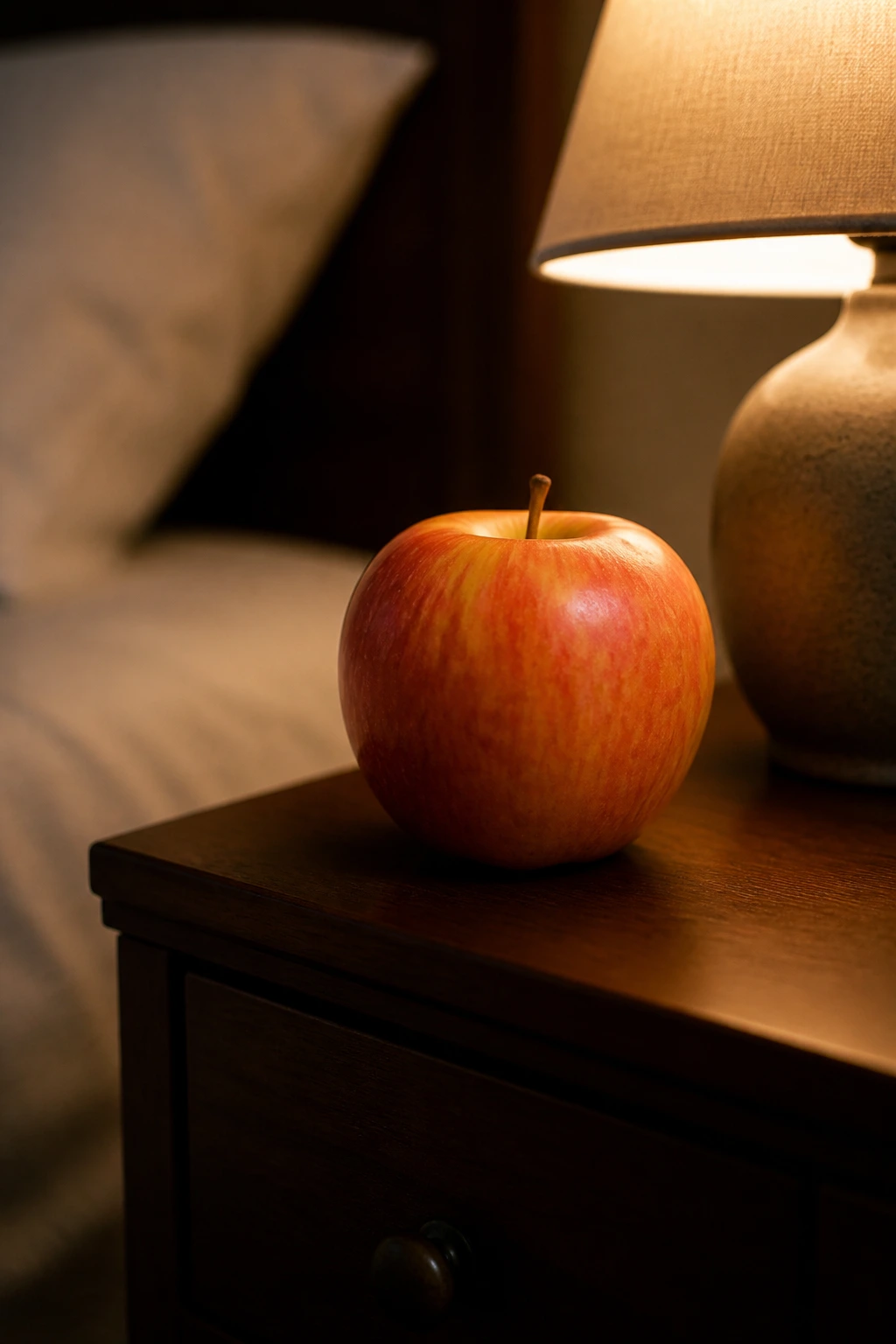 Is Eating Fruits At Night Good For Weight Loss? Find Out Now 3 Single fruit on a dim nightstand by a bedside lamp in a dark room.