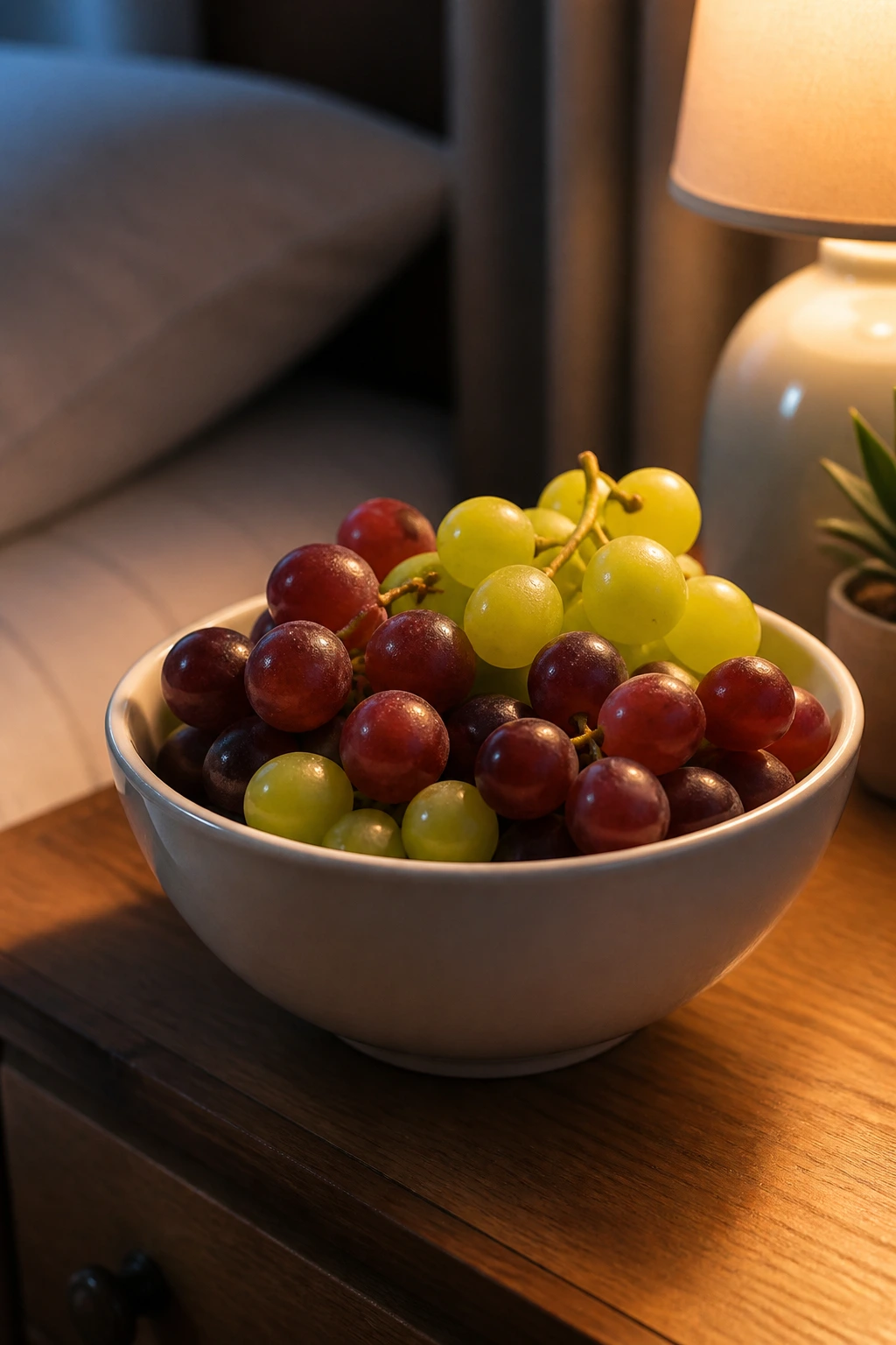 10 Benefits Of Eating Grapes At Night For Weight Loss 11 Bowl of grapes on a bedside table in a dim bedroom