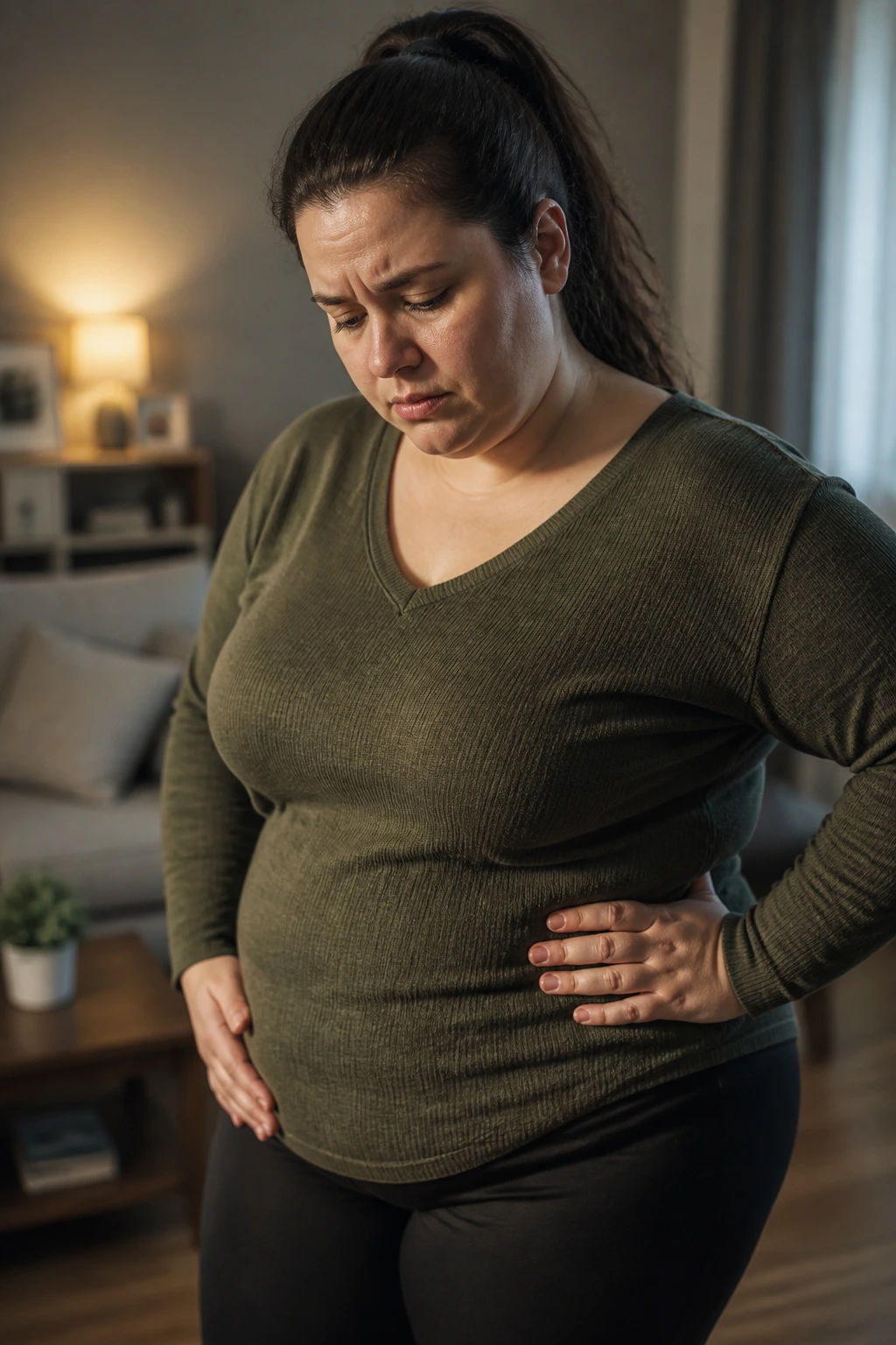 10 Surprising Disadvantages Of Eating Fruits At Night 2 Portrait of a real person in a living room showing concern about nighttime weight