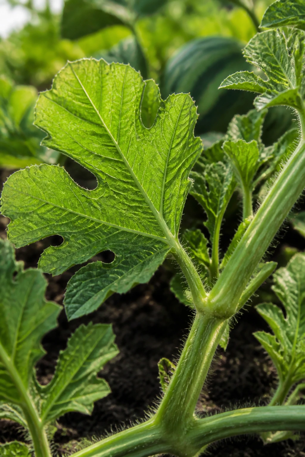 Gardener's Guide: The Best Fertilizer for Watermelons 2 Close-up of a healthy watermelon plant leaf and stem showing vigorous growth