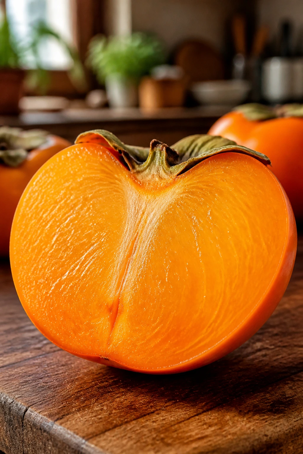 What Is Non Astringent Persimmon? All You Need To Know 7 Close up of halved non-astringent persimmon on wooden board showing orange flesh
