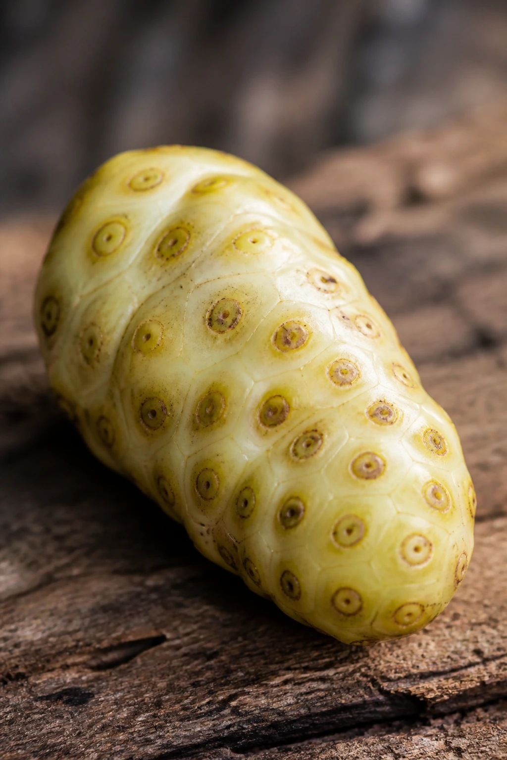 Close-up of a bumpy noni fruit on a wooden table