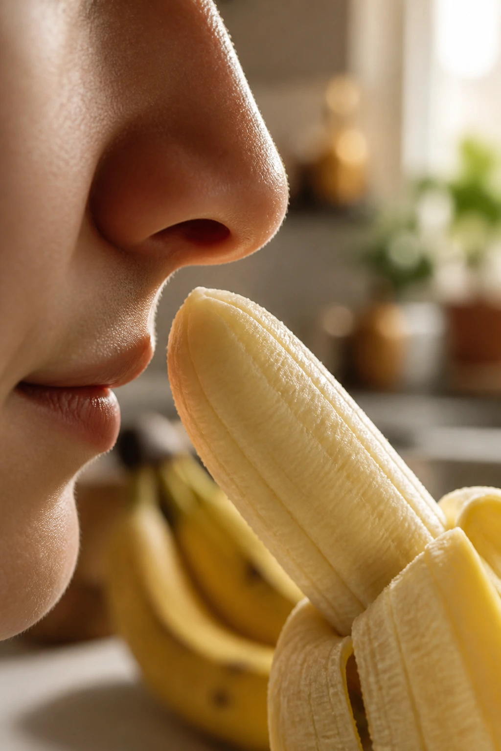 Why Are Bananas So Sweet And Delicious? 6 Profile view of a human nose in warm kitchen ambiance suggesting aroma