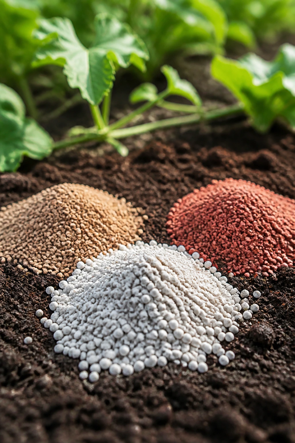 Gardener's Guide: The Best Fertilizer for Watermelons 5 Three piles of fertilizer granules on soil representing NPK balance