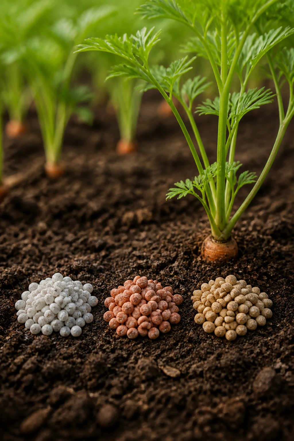 Gardener's Guide: The Best Fertilizer For Carrots 2 Three color-coded fertilizer granules on dark soil beside a carrot seedling