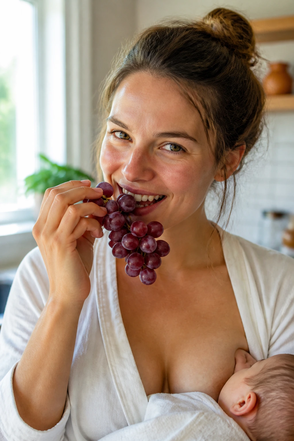 Can You Eat Grapes While Breastfeeding? How Safe Is It? 7 Close-up of a real nursing mom holding grapes, healthy snack for breastfeeding