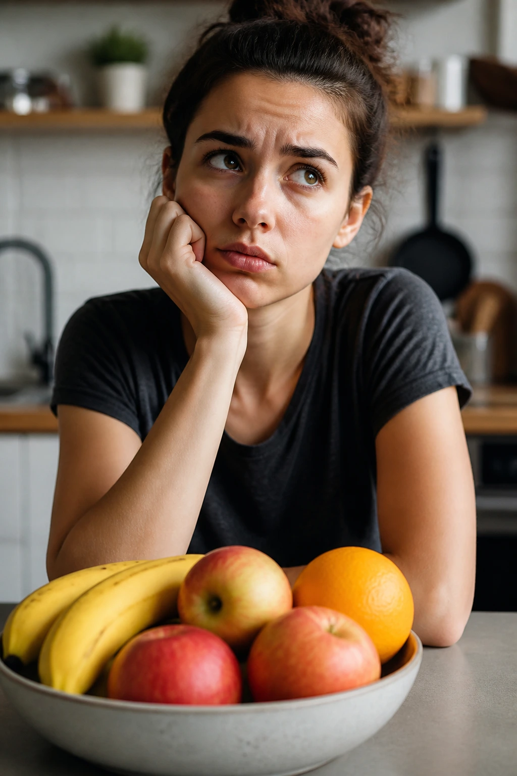 Side Effects of Eating Too Much Fruit: 10 Possible Outcomes 2 Close-up portrait of a person in a kitchen looking thoughtful