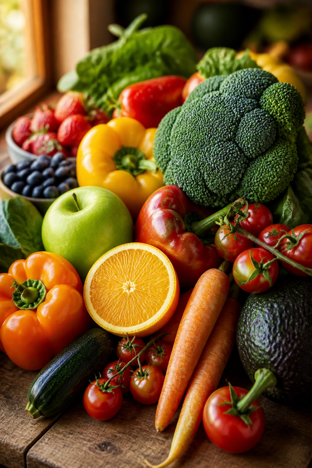 Vital Nutrients: Why Are Fruits And Vegetables Important? 8 Close-up of a colorful assortment of nutrient-dense fruits and vegetables on a wooden counter, emphasizing vitamins and minerals