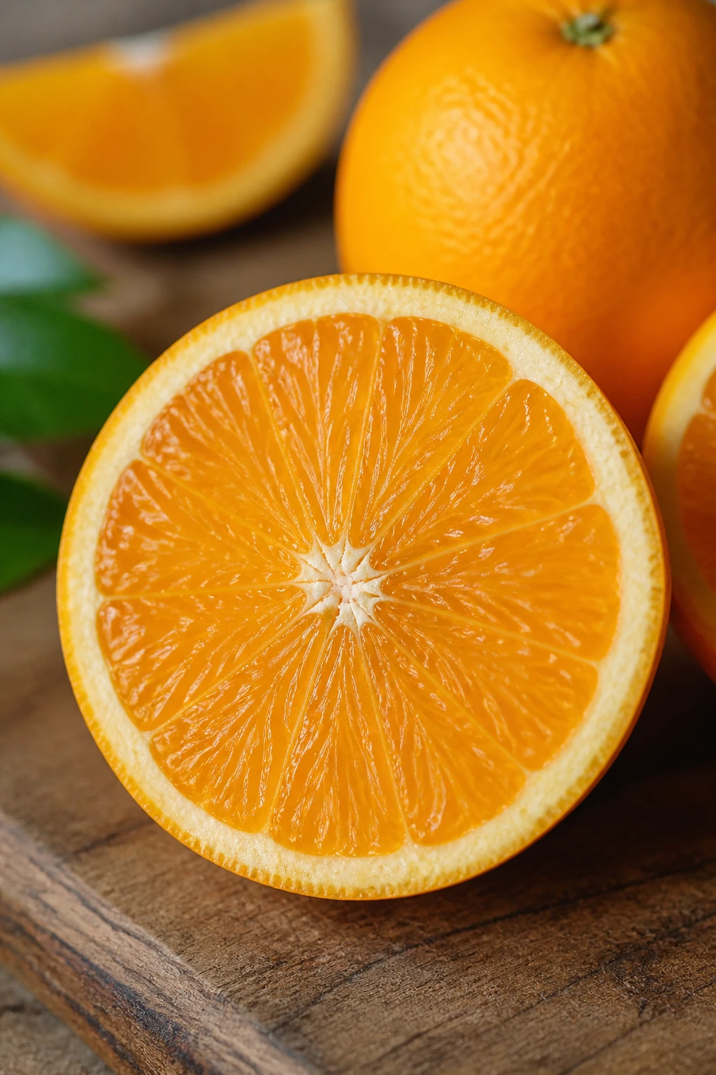 Close-up orange slice highlighting juicy segments on a wooden countertop