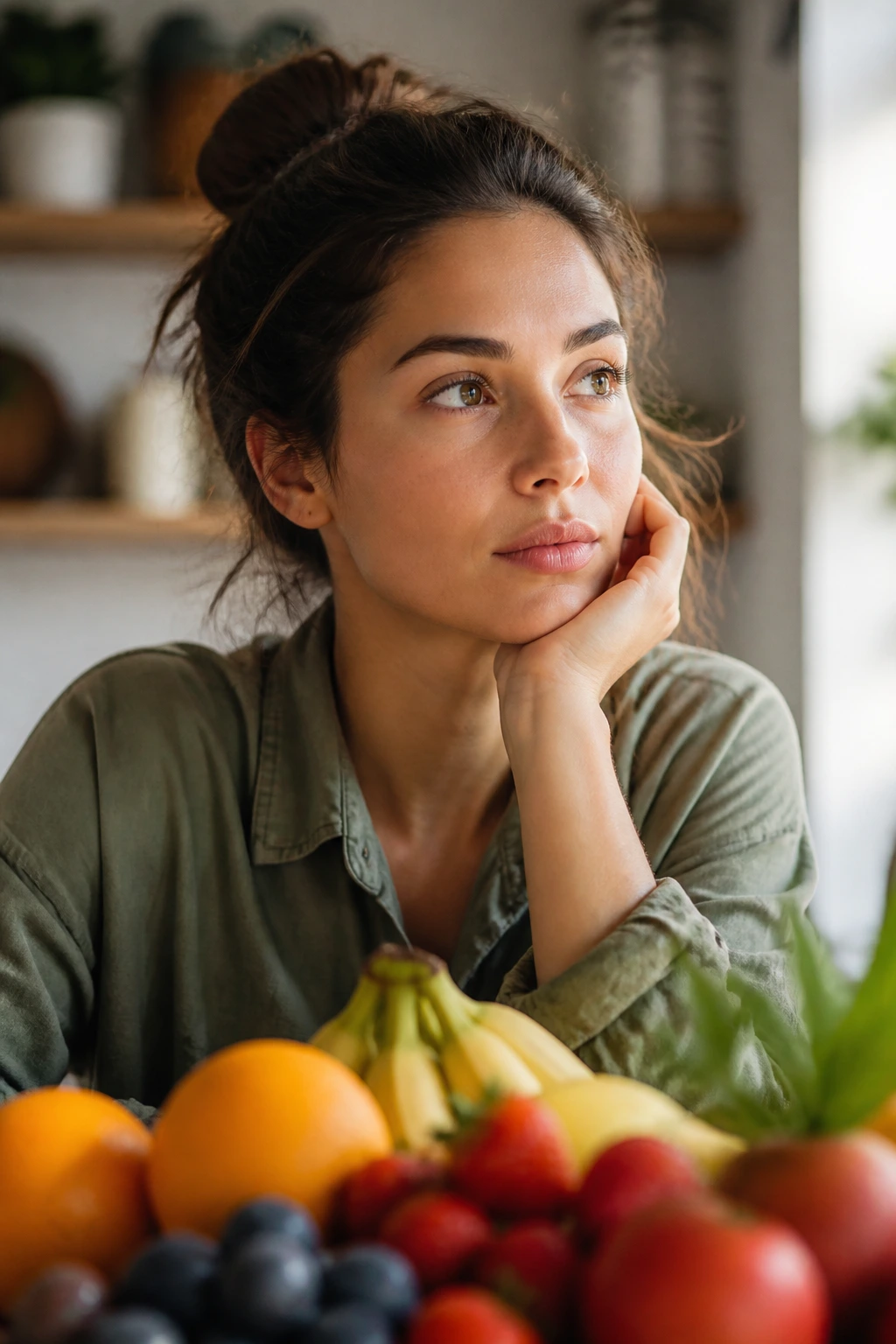 Why Am I Craving Fruit All Of A Sudden? Here Are 7 Reasons 1 Close-up portrait showing a real person sensing body nutrient needs in a home kitchen