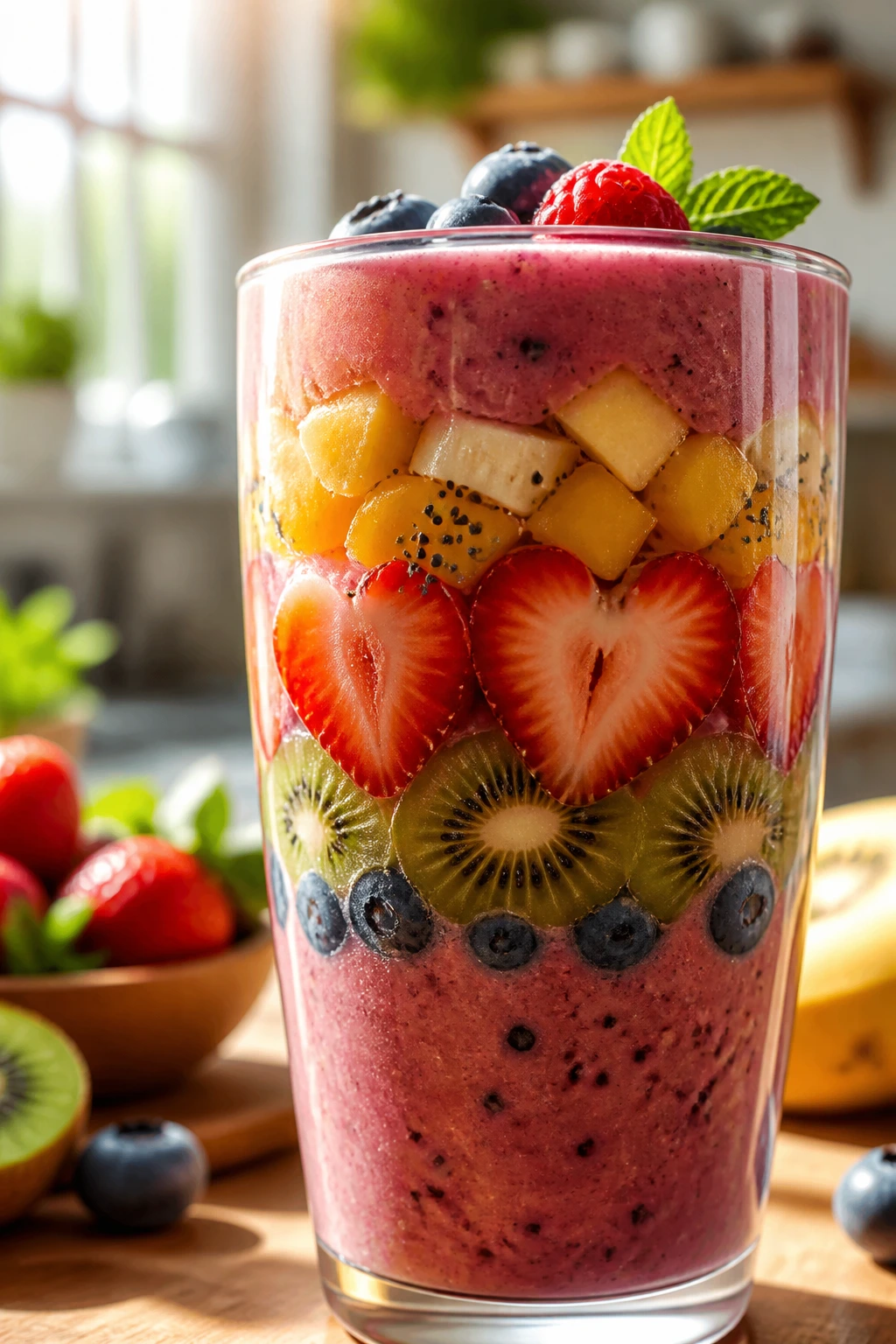 Does Blending Fruit Make It Easier To Digest? 2 Close-up of a colorful layered smoothie illustrating nutrients
