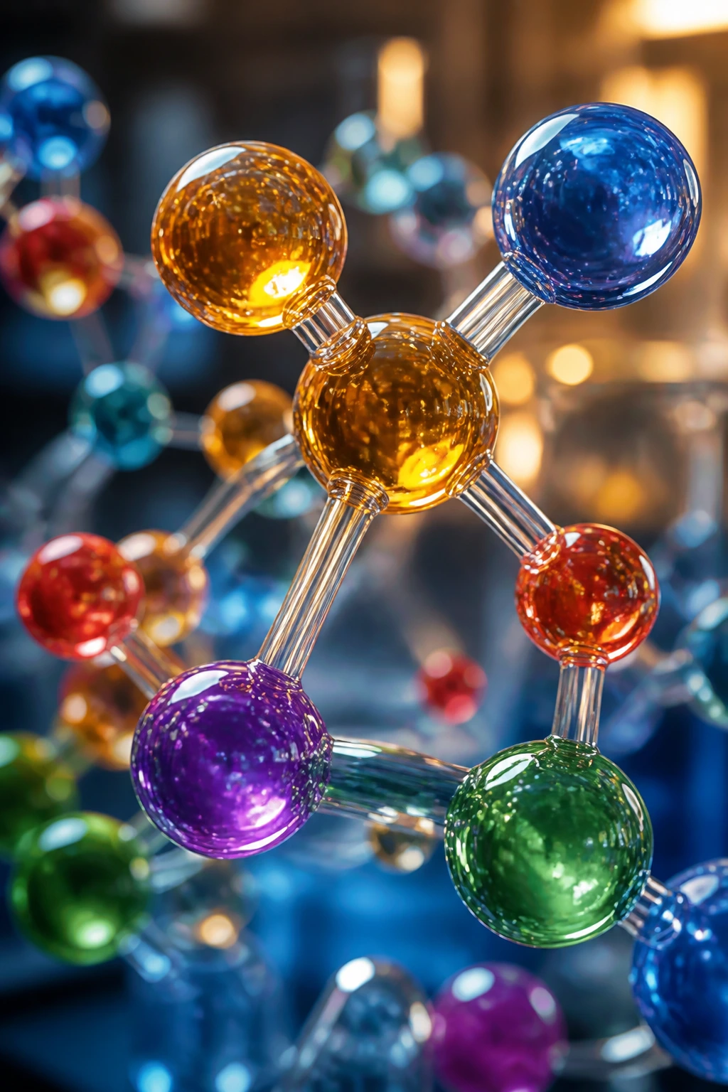 Close-up visualization of essential nutrient molecules representing vitamins and minerals.