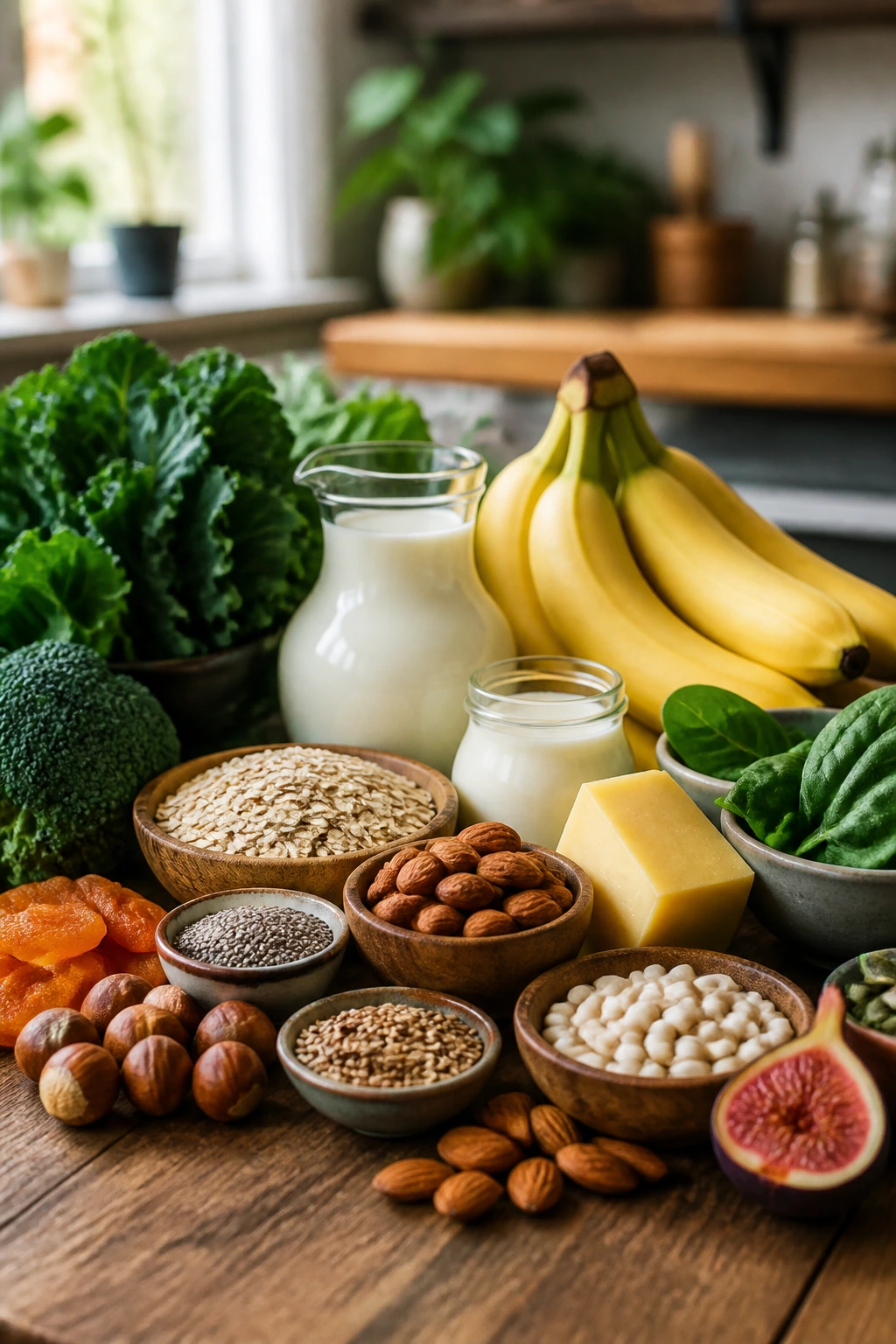 Close-up of colorful nutrient-dense foods on a wooden table, illustrating nutrition for bone health