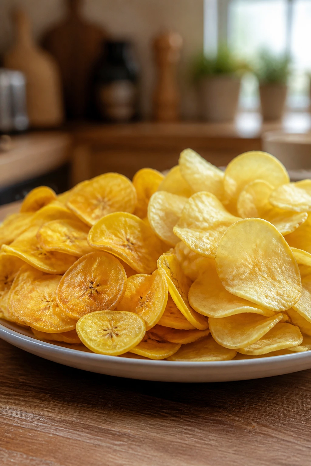 Plantain Chips Vs Potato Chips: Which is Better? 1 Close-up of plantain and potato chips on a plate in a warm kitchen.
