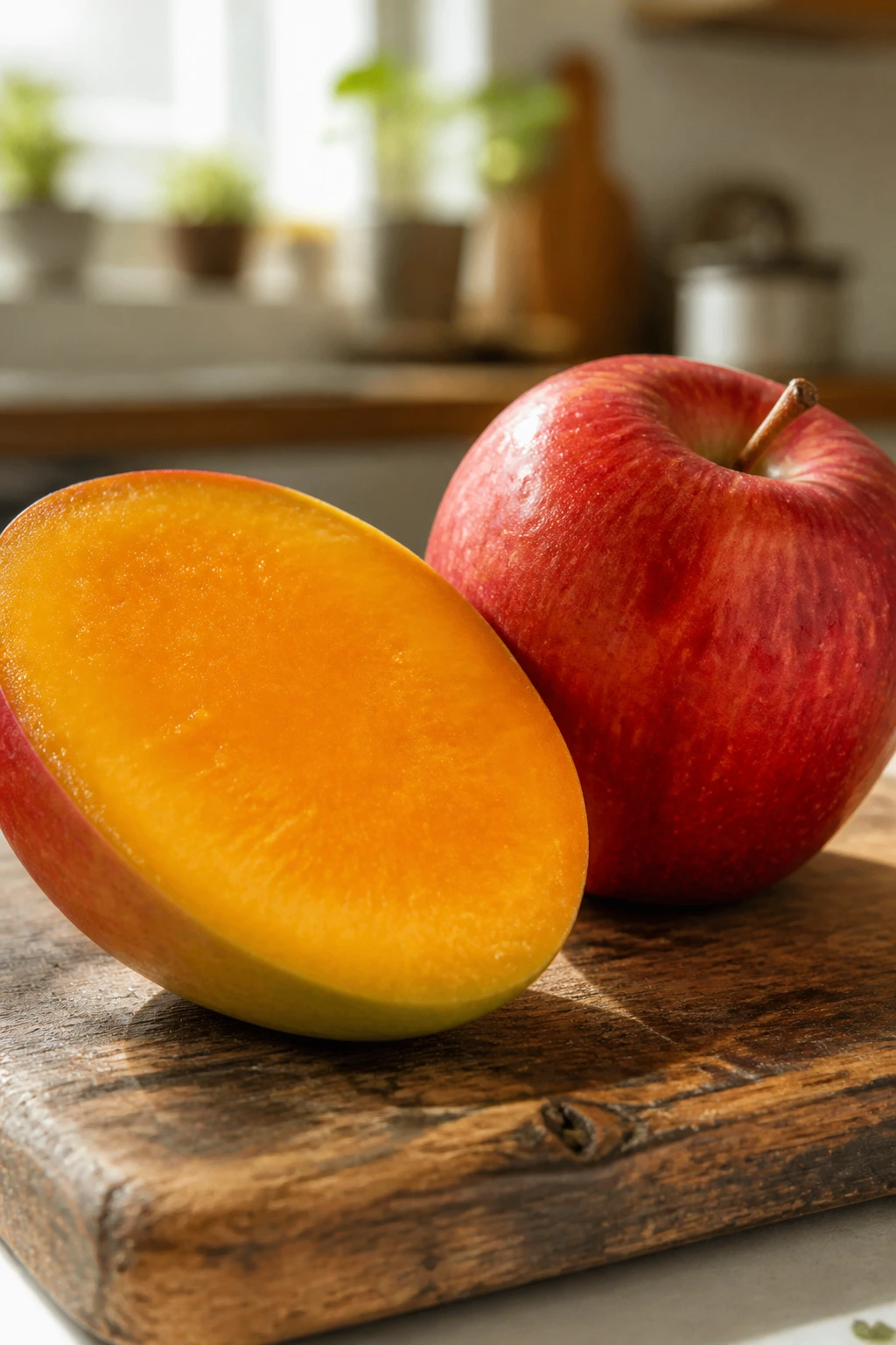 Close-up of mango and apple on a rustic board showing nutritional benefits