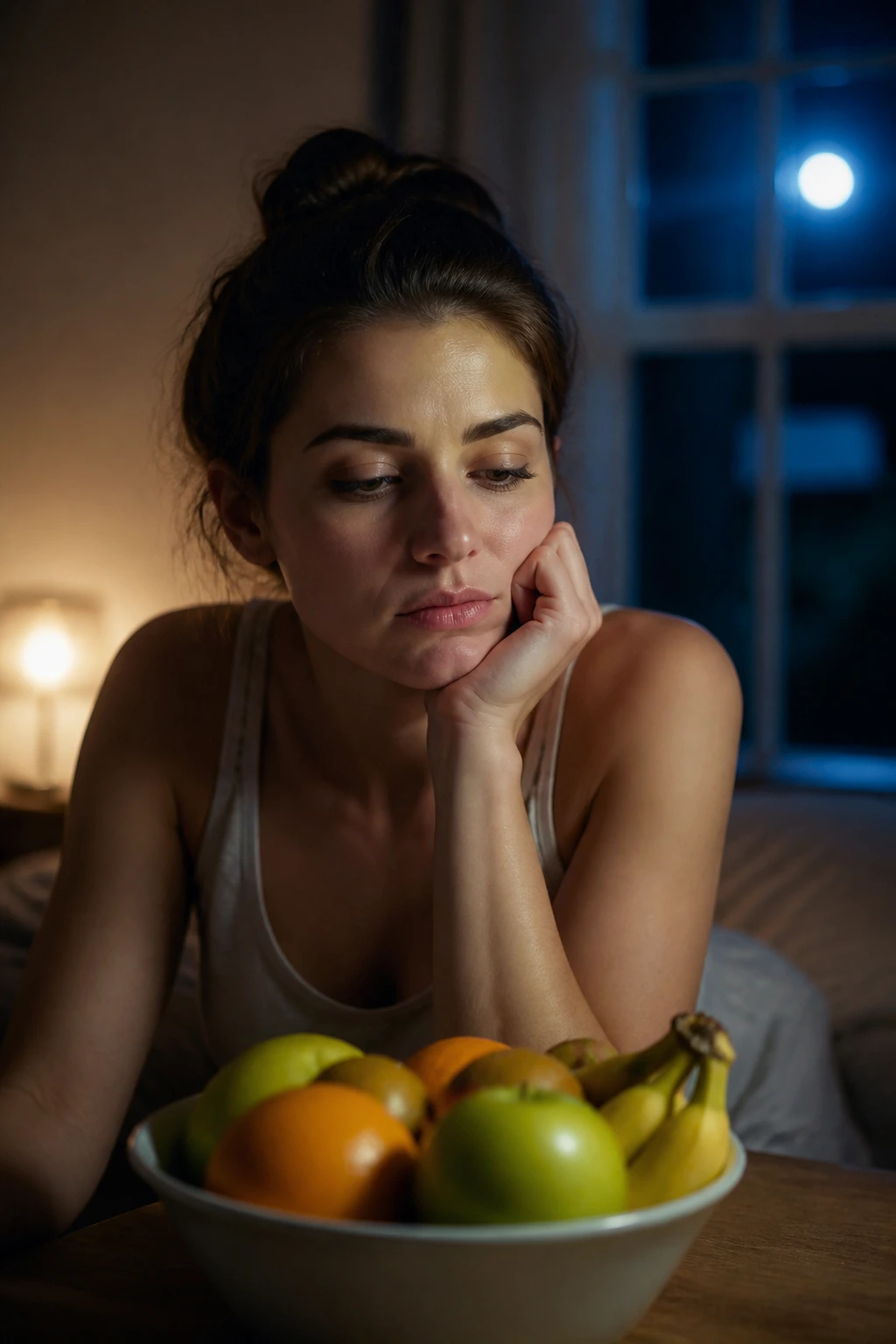 10 Surprising Disadvantages Of Eating Fruits At Night 4 Close-up portrait of a person at night reflecting on fruit nutrients