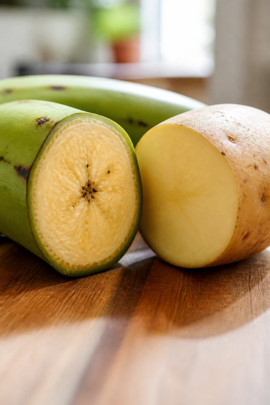 Plantain Vs Potato: Which is Better? Let's Find Out 5 Plantain and potato halves showing interior flesh for nutrition